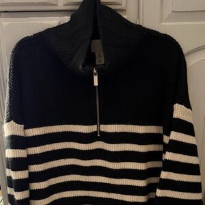 H&M Black and Cream Striped Half-Zip Turtleneck Sweater